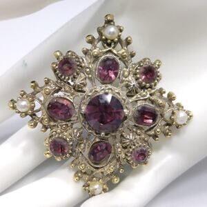 Mid-Century Purple Rhinestone Brooch Pendant, Faux Pearls, 2 1/4 Inches